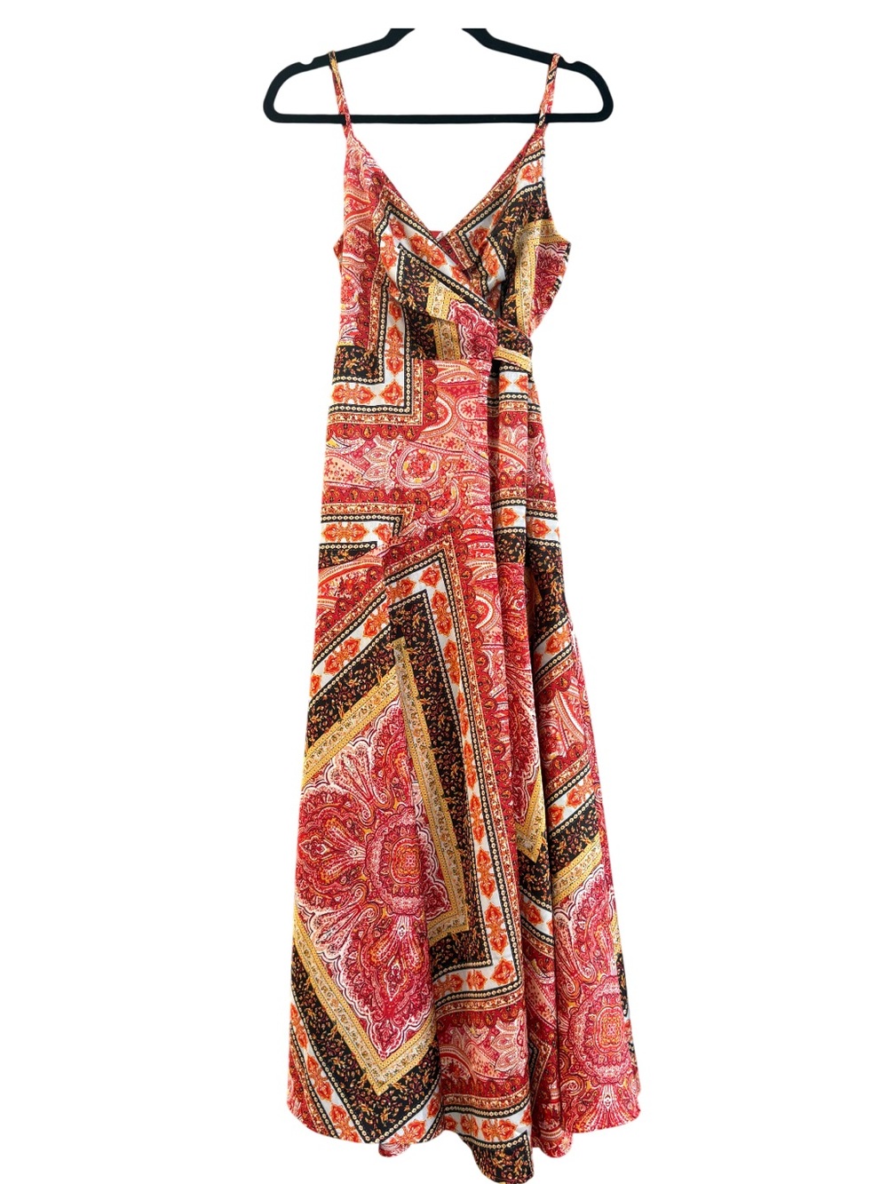 Summer Paisley Wrap Maxi Dress in Red and Gold